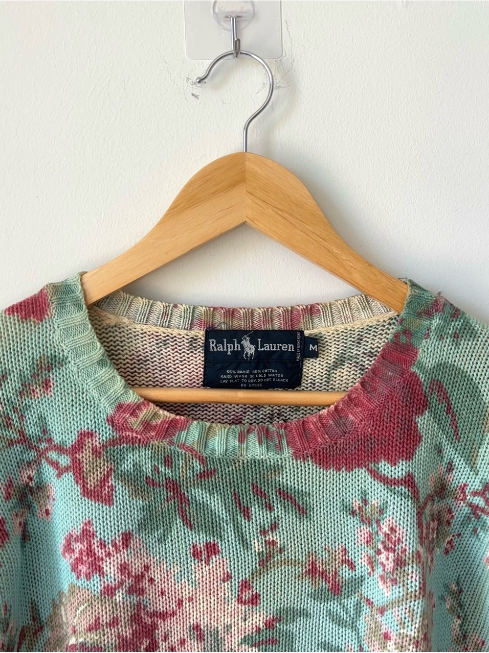 Vintage Ralph Lauren Teal Floral Sweater Size M Ramie Cotton Blend Blue Label - Picture 3 of 12
